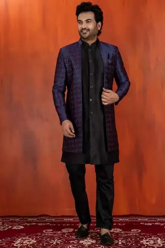 Black jacquard blend indo western nevy blue open sherwani and black pyjama set for men with embroidered work