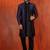 Black jacquard blend indo western nevy blue open sherwani and black pyjama set for men with embroidered work