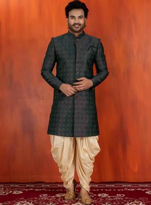 Green jacquard blend closed indo western and dhoti set for men with embroidered work 1
