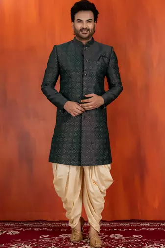 Green jacquard blend closed indo western and dhoti set for men with embroidered work
