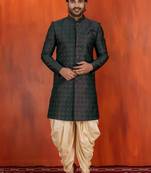 Green jacquard blend closed indo western and dhoti set for men with embroidered work