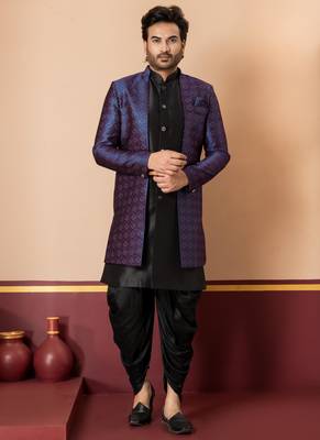 Black jacquard blend indo western navy blue open sherwani and black dhoti set for men with embroidered work 2