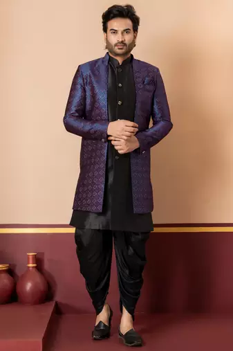 Black jacquard blend indo western navy blue open sherwani and black dhoti set for men with embroidered work