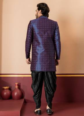 navy blue open sherwani silk blend black kurta dhoti set for men with embroidered work 4
