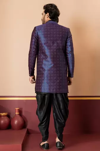 navy blue open sherwani silk blend black kurta dhoti set for men with embroidered work