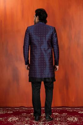 Black jacquard blend indo western nevy blue open sherwani and black pyjama set for men with embroidered work 4