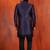 Black jacquard blend indo western nevy blue open sherwani and black pyjama set for men with embroidered work