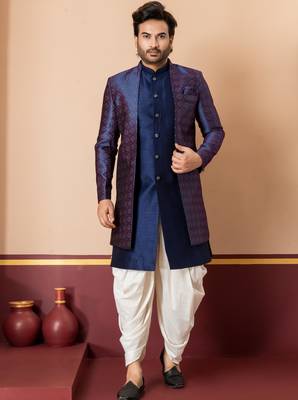 navy blue jacquard blend indo western navy blue open sherwani and creem dhoti set for men with embroidered work 1