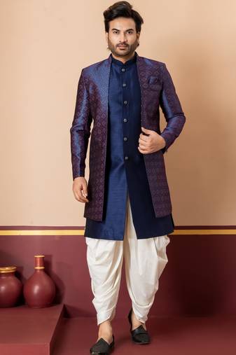 navy blue jacquard blend indo western navy blue open sherwani and creem dhoti set for men with embroidered work