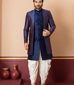 navy blue jacquard blend indo western navy blue open sherwani and creem dhoti set for men with embroidered work