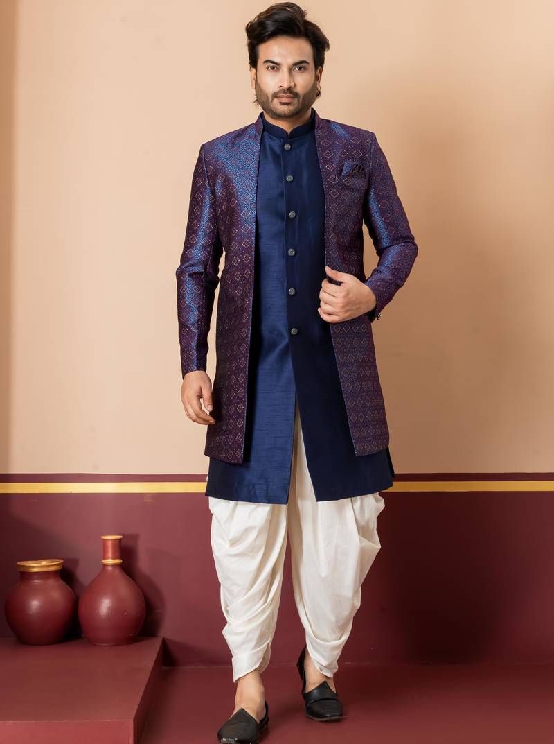 navy blue jacquard blend indo western navy blue open sherwani and creem dhoti set for men with embroidered work