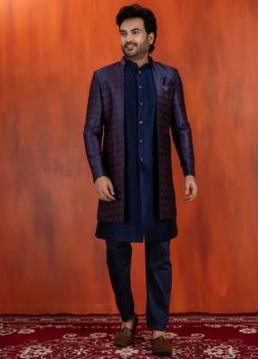 navy blue jacquard blend indo western navy blue open sherwani and pyjama set for men with embroidered work 2