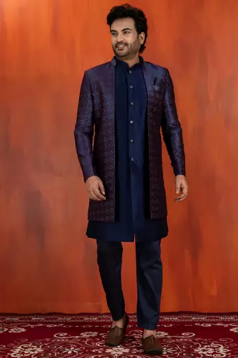 navy blue jacquard blend indo western navy blue open sherwani and pyjama set for men with embroidered work