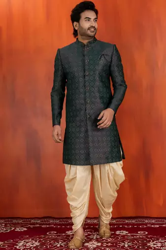 Green jacquard blend closed indo western and dhoti set for men with embroidered work