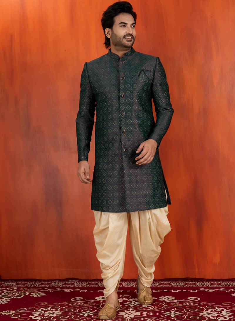 Green jacquard blend closed indo western and dhoti set for men with embroidered work