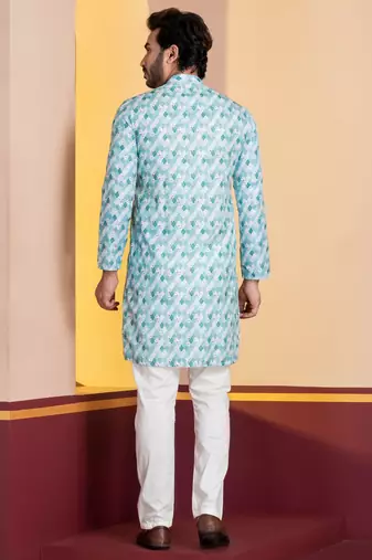 sky silk blend kurta for men with printed work