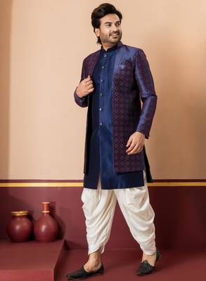 navy blue jacquard blend indo western navy blue open sherwani and creem dhoti set for men with embroidered work 2