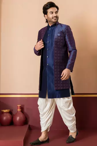 navy blue jacquard blend indo western navy blue open sherwani and creem dhoti set for men with embroidered work