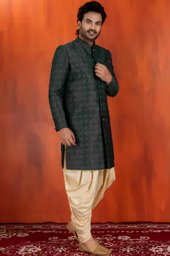 Green jacquard blend closed indo western and dhoti set for men with embroidered work