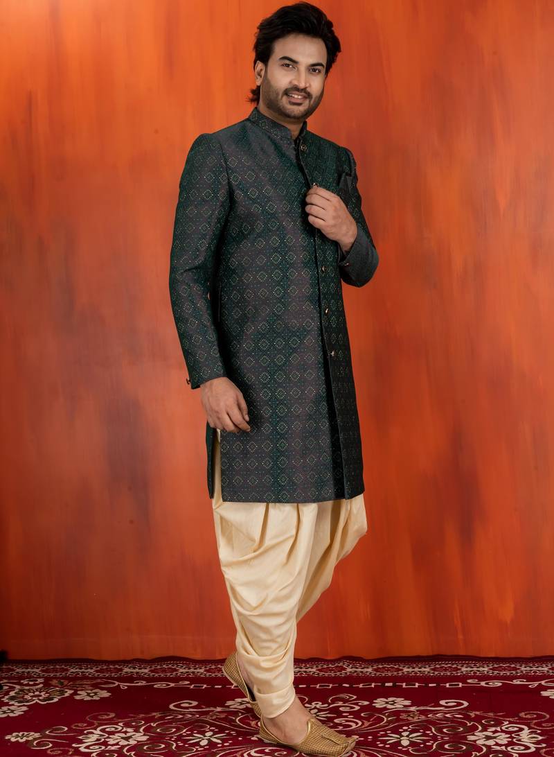 Green jacquard blend closed indo western and dhoti set for men with embroidered work