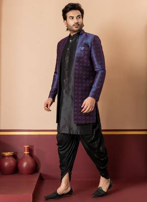Black jacquard blend indo western navy blue open sherwani and black dhoti set for men with embroidered work 3