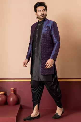 Black jacquard blend indo western navy blue open sherwani and black dhoti set for men with embroidered work