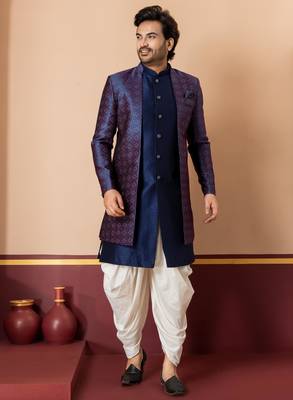 navy blue jacquard blend indo western navy blue open sherwani and creem dhoti set for men with embroidered work 3