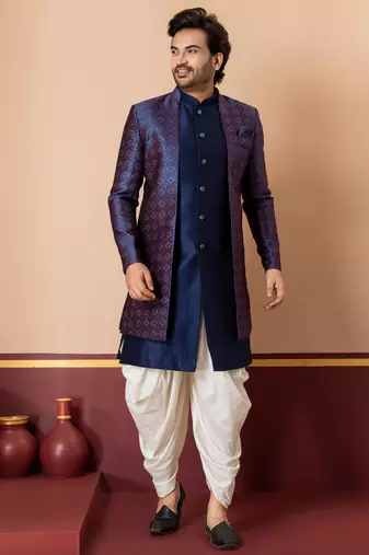 navy blue jacquard blend indo western navy blue open sherwani and creem dhoti set for men with embroidered work