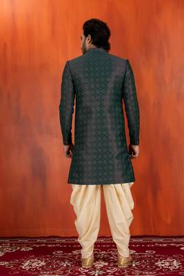 Green jacquard blend closed indo western and dhoti set for men with embroidered work 4