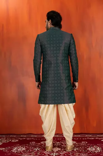 Green jacquard blend closed indo western and dhoti set for men with embroidered work
