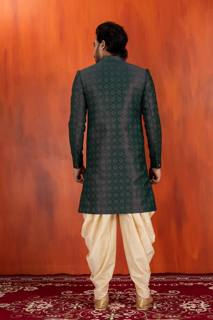 Green jacquard blend closed indo western and dhoti set for men with embroidered work
