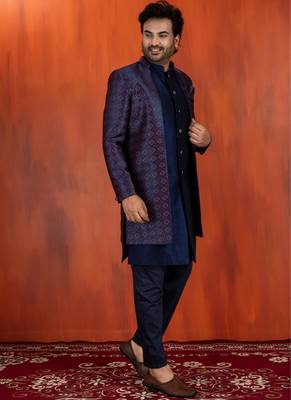 navy blue jacquard blend indo western navy blue open sherwani and pyjama set for men with embroidered work 3