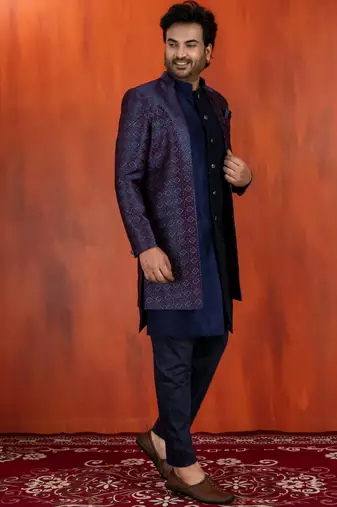 navy blue jacquard blend indo western navy blue open sherwani and pyjama set for men with embroidered work