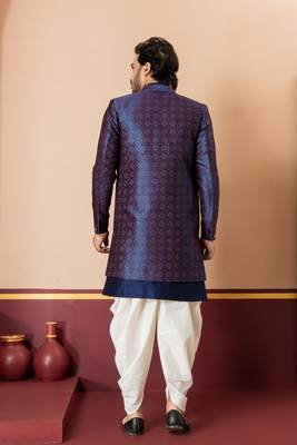 navy blue jacquard blend indo western navy blue open sherwani and creem dhoti set for men with embroidered work 4