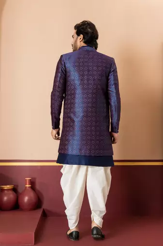 navy blue jacquard blend indo western navy blue open sherwani and creem dhoti set for men with embroidered work