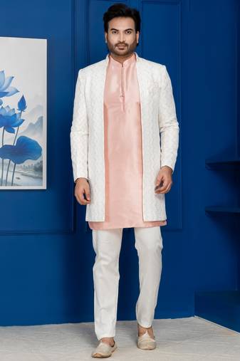 White jacquard blend indo western open sherwani and pink kurta white pyjama set for men with embroidered work