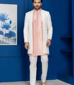 White jacquard blend indo western open sherwani and pink kurta white pyjama set for men with embroidered work