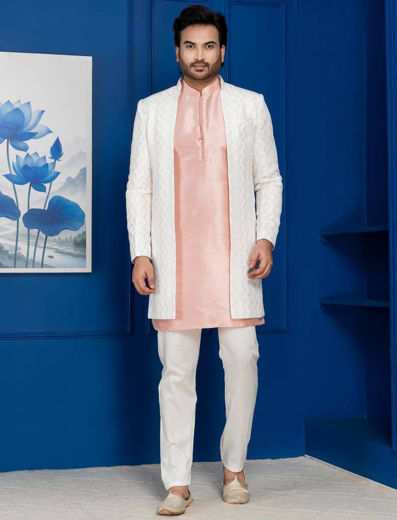 White jacquard blend indo western open sherwani and pink kurta white pyjama set for men with embroidered work