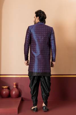 Black jacquard blend indo western navy blue open sherwani and black dhoti set for men with embroidered work 4