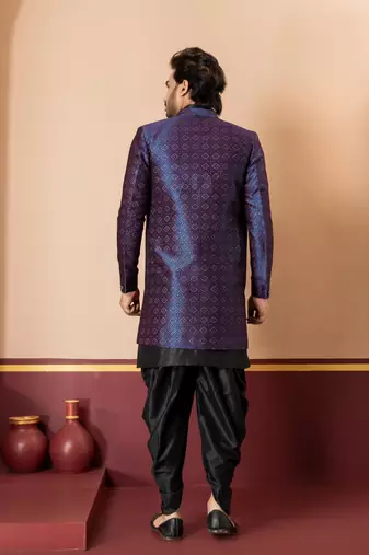 Black jacquard blend indo western navy blue open sherwani and black dhoti set for men with embroidered work