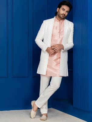White jacquard blend indo western open sherwani and pink kurta white pyjama set for men with embroidered work 2