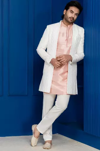 White jacquard blend indo western open sherwani and pink kurta white pyjama set for men with embroidered work