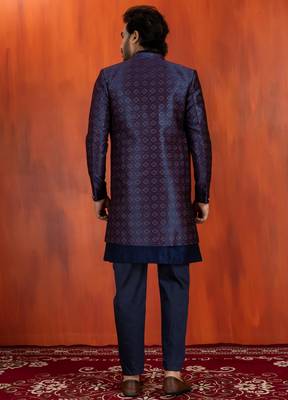 navy blue jacquard blend indo western navy blue open sherwani and pyjama set for men with embroidered work 4