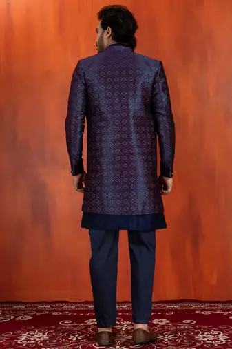 navy blue jacquard blend indo western navy blue open sherwani and pyjama set for men with embroidered work
