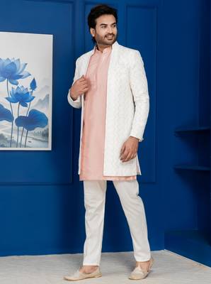 White jacquard blend indo western open sherwani and pink kurta white pyjama set for men with embroidered work 3