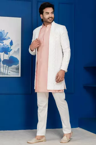 White jacquard blend indo western open sherwani and pink kurta white pyjama set for men with embroidered work