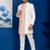 White jacquard blend indo western open sherwani and pink kurta white pyjama set for men with embroidered work