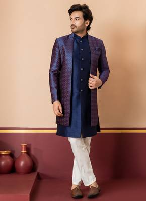 Nevy blue jacquard blend indo western nevy blue open sherwani and creem pyjama set for men with embroidered work 1