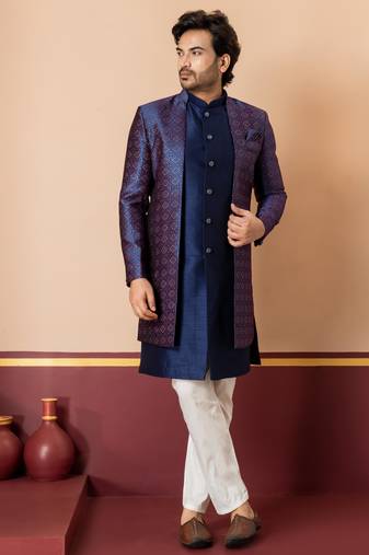 Nevy blue jacquard blend indo western nevy blue open sherwani and creem pyjama set for men with embroidered work