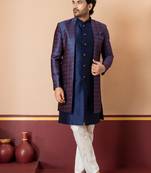 Nevy blue jacquard blend indo western nevy blue open sherwani and creem pyjama set for men with embroidered work